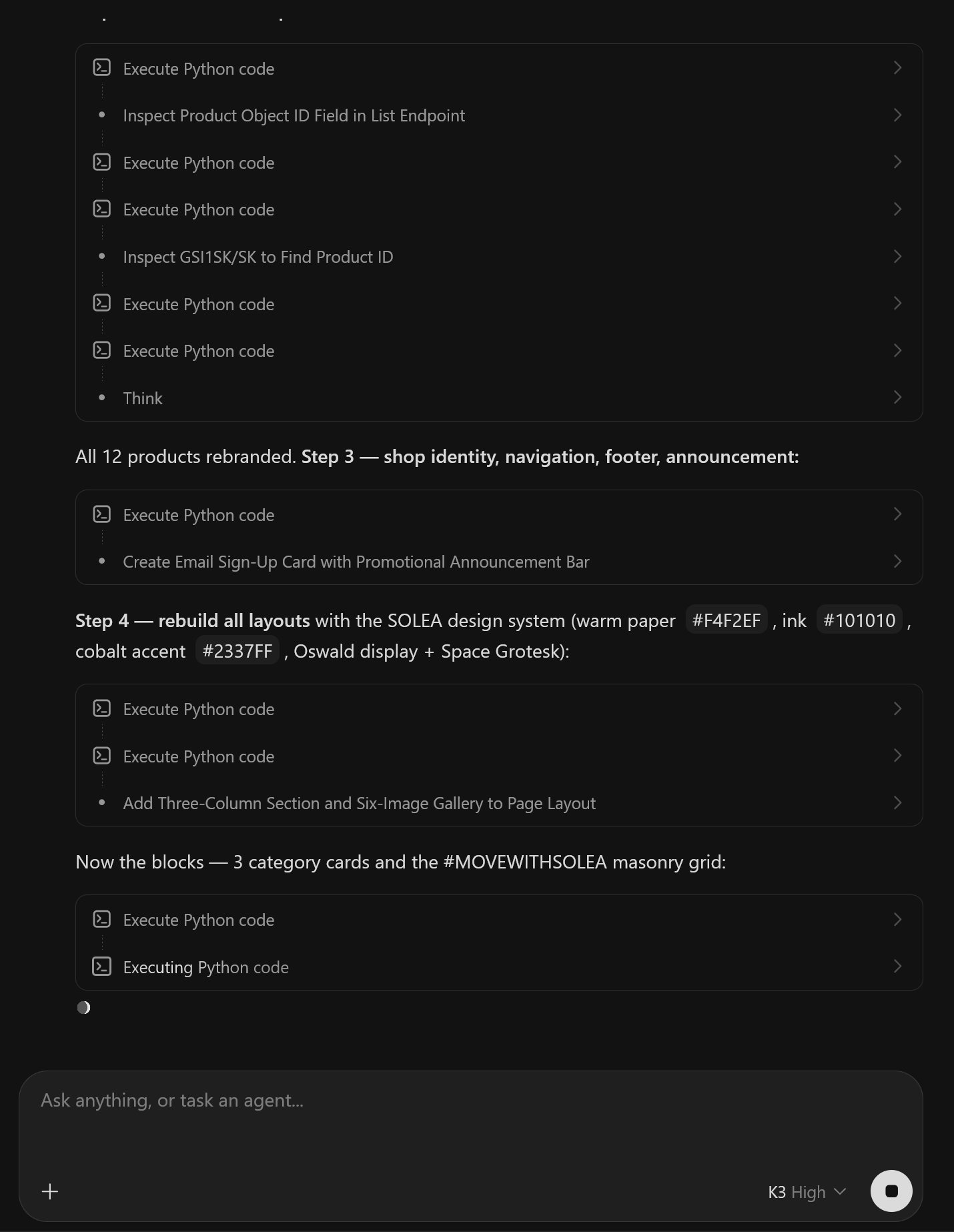An AI agent connected through the AI Connector working through a design brief step by step