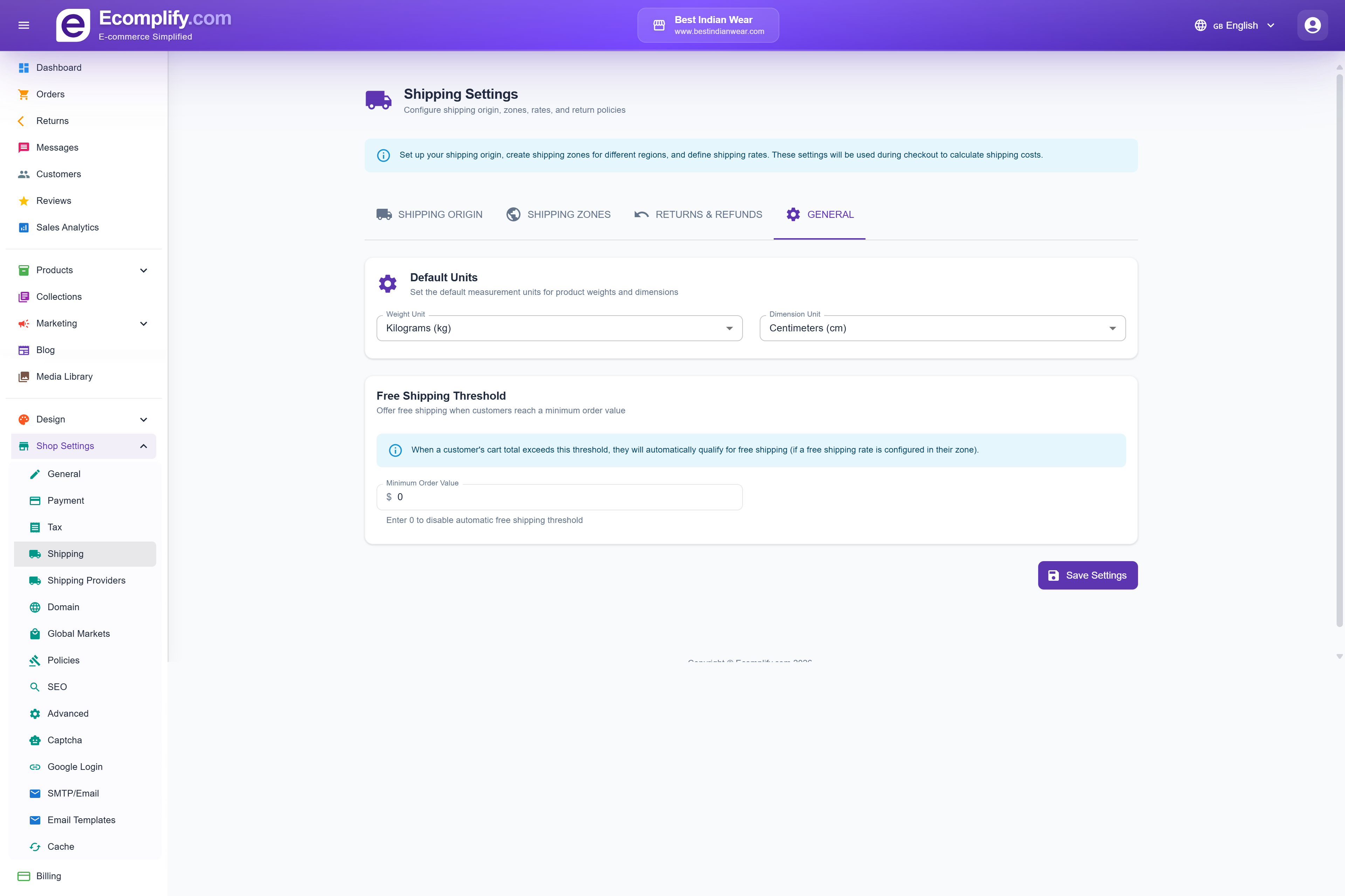 Shipping Settings
